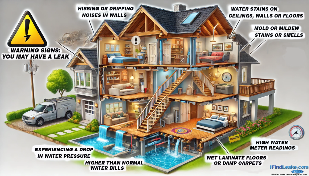 cutaway diagram of a home with a list of things to check for a water leak