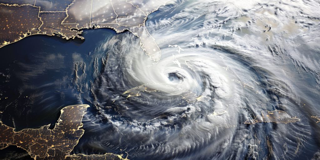 Satellite view of a hurricane over the eastern U.S. coast, showing city lights and cloud patterns. High-altitude view of a hurricane with swirling cloud formations