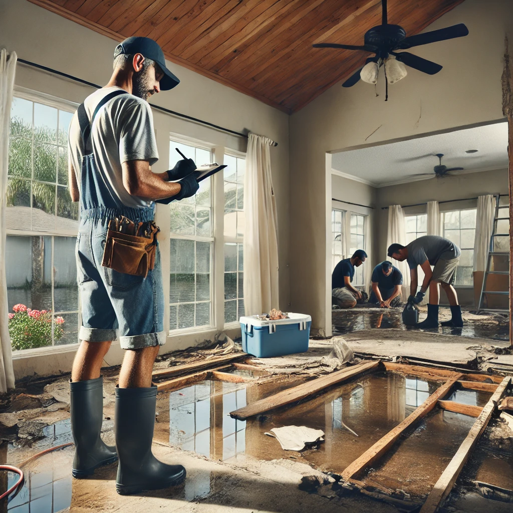 an investor looking at a flood damaged property with workers in the background