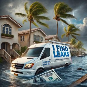 Flooded street in Treasure Island, Florida after hurricanes, showing concrete block homes, palm trees in strong winds, a white Mercedes Sprinter van labeled 'I Find Leaks' in blue, and a floating oversized water bill.