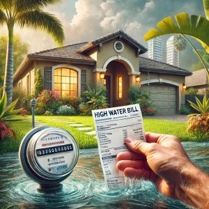 Frustrated Florida homeowner holding a high water bill in front of a suburban house with a soggy lawn, rapidly spinning water meter, and tropical landscaping—illustrating hidden plumbing leaks and rising water costs in Pinellas County.