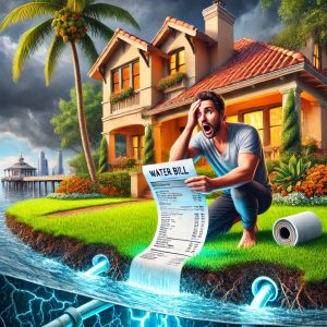 A dramatic digital illustration of a frustrated homeowner kneeling on their flooded lawn in St. Petersburg, Florida, clutching an enormous water bill. Behind them, a charming Florida-style home is partially submerged due to a hidden underground leak, illustrated with glowing pipe damage beneath the grass. A palm tree sways nearby, and the iconic St. Pete Pier is visible in the background under a stormy sky.