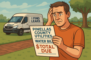 A frustrated Pinellas County homeowner stands outside holding a large water bill labeled “Pinellas County Utilities – Total Due,” while an I Find Leaks Sprinter van is parked in the background. The image illustrates the stress caused by hidden water leaks and rising utility bills, emphasizing the need for expert leak detection services in Pinellas County.