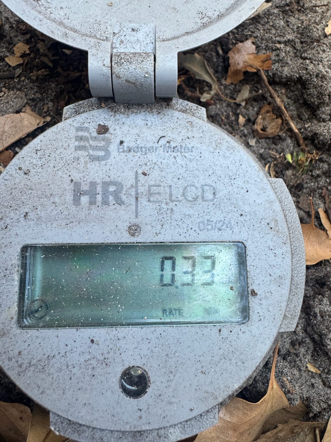 A digital water meter in St Petersburg Florida showing a flow rate of .33 gallons per minute.