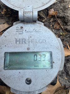 A digital water meter in St Petersburg Florida showing a flow rate of .33 gallons per minute.