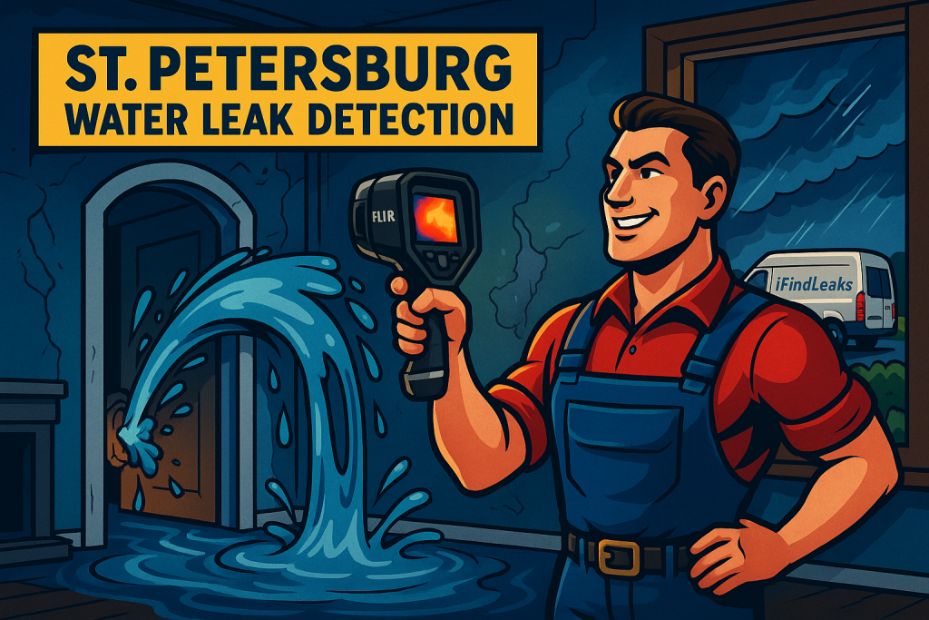 Heroic plumber using FLIR camera to detect St. Petersburg water leak inside flooded home with iFindLeaks van outside window.