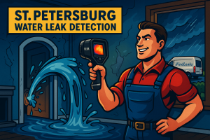 Heroic plumber using FLIR camera to detect St. Petersburg water leak inside flooded home with iFindLeaks van outside window.