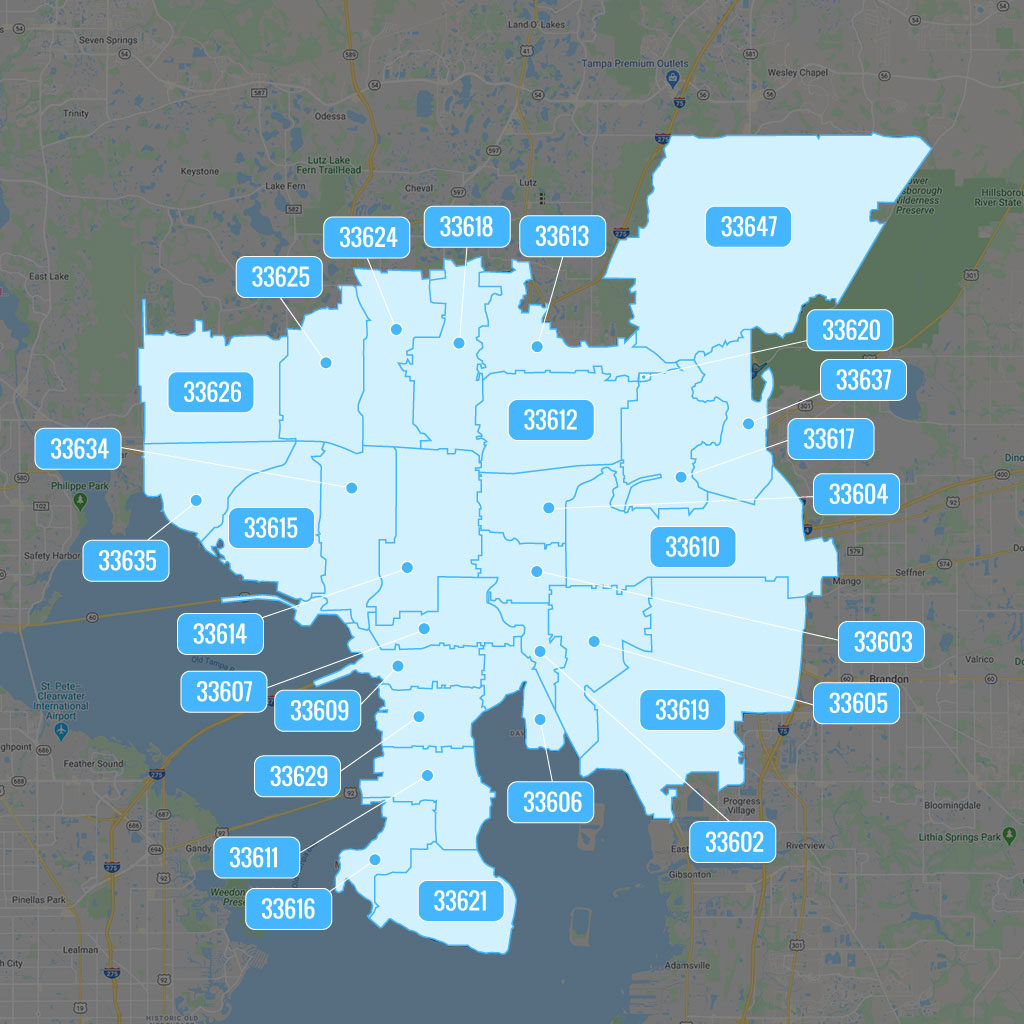 Map of Tampa, Florida, showing ZIP codes serviced by I Find Leaks for leak detection, including South Tampa, Carrollwood, Westchase, Hyde Park, and New Tampa.