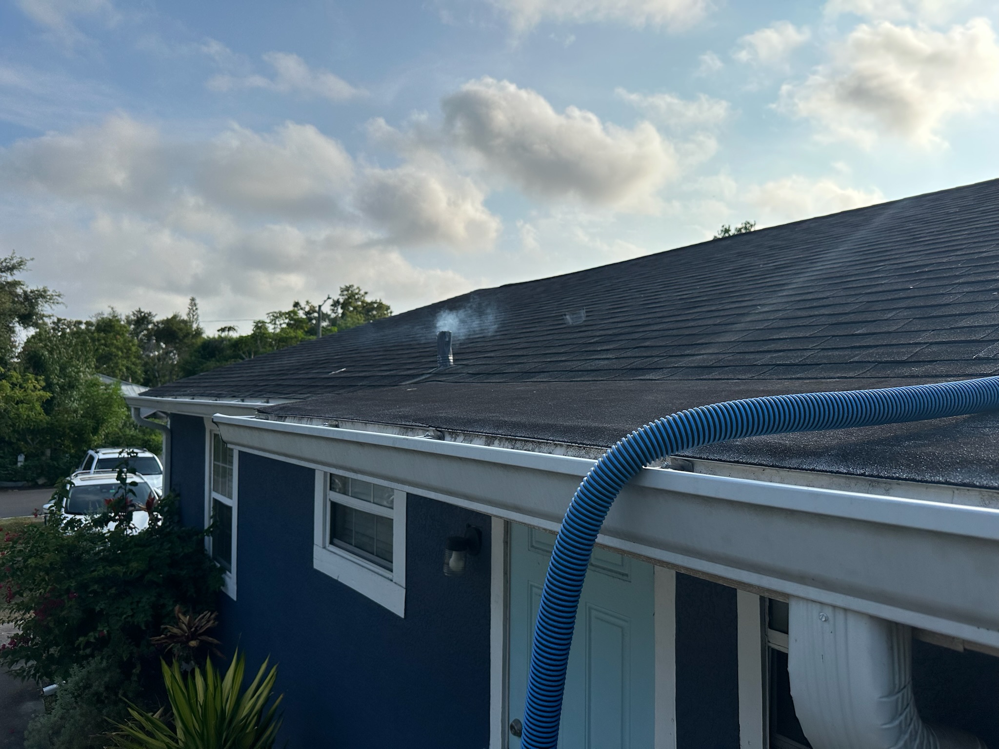 Smoke coming out of a second plumbing vent on the opposite side of a Pinellas County home during sewer odor testing.