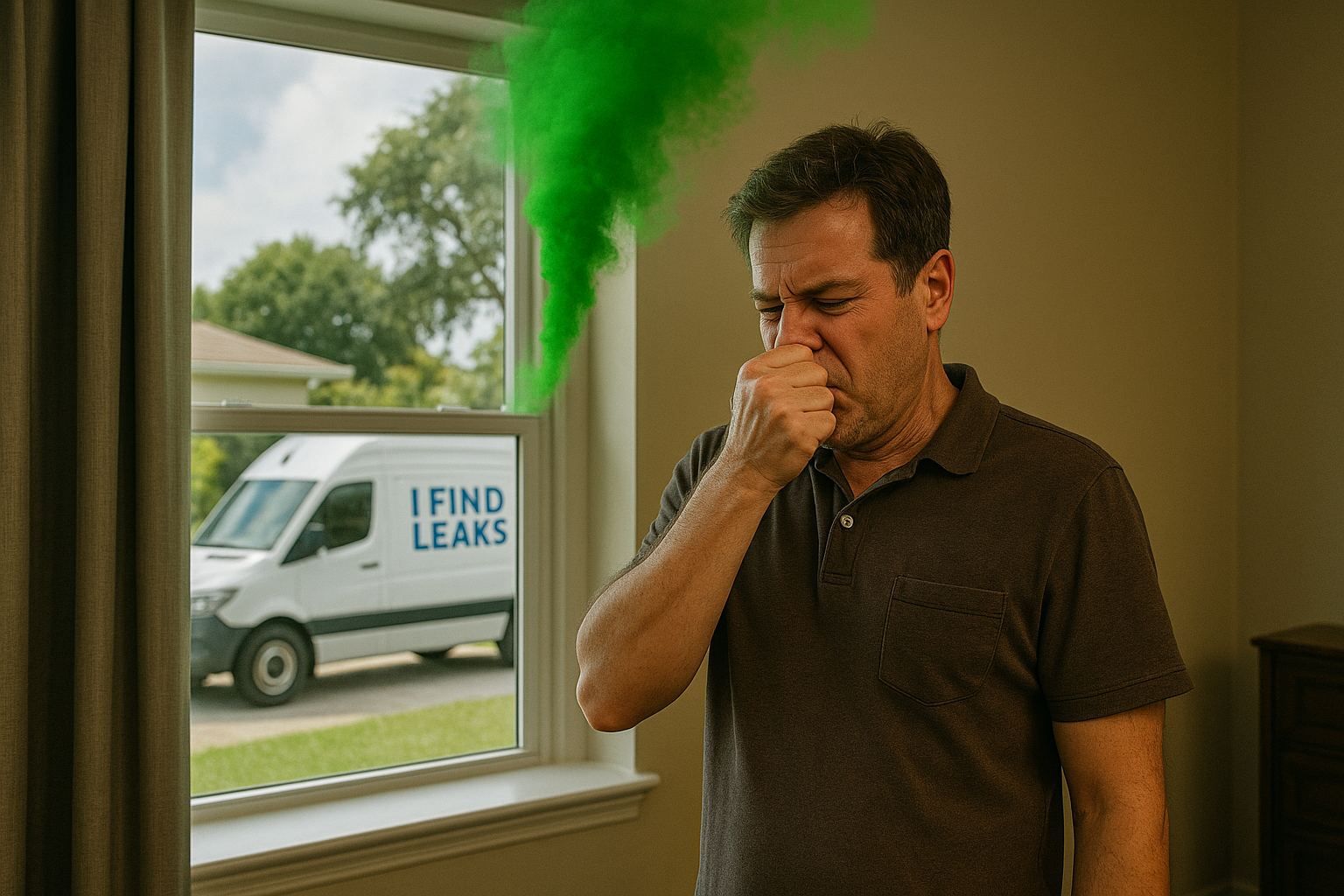 Frustrated Clearwater homeowner indoors with green sewer smoke and I Find Leaks van visible outside the window.