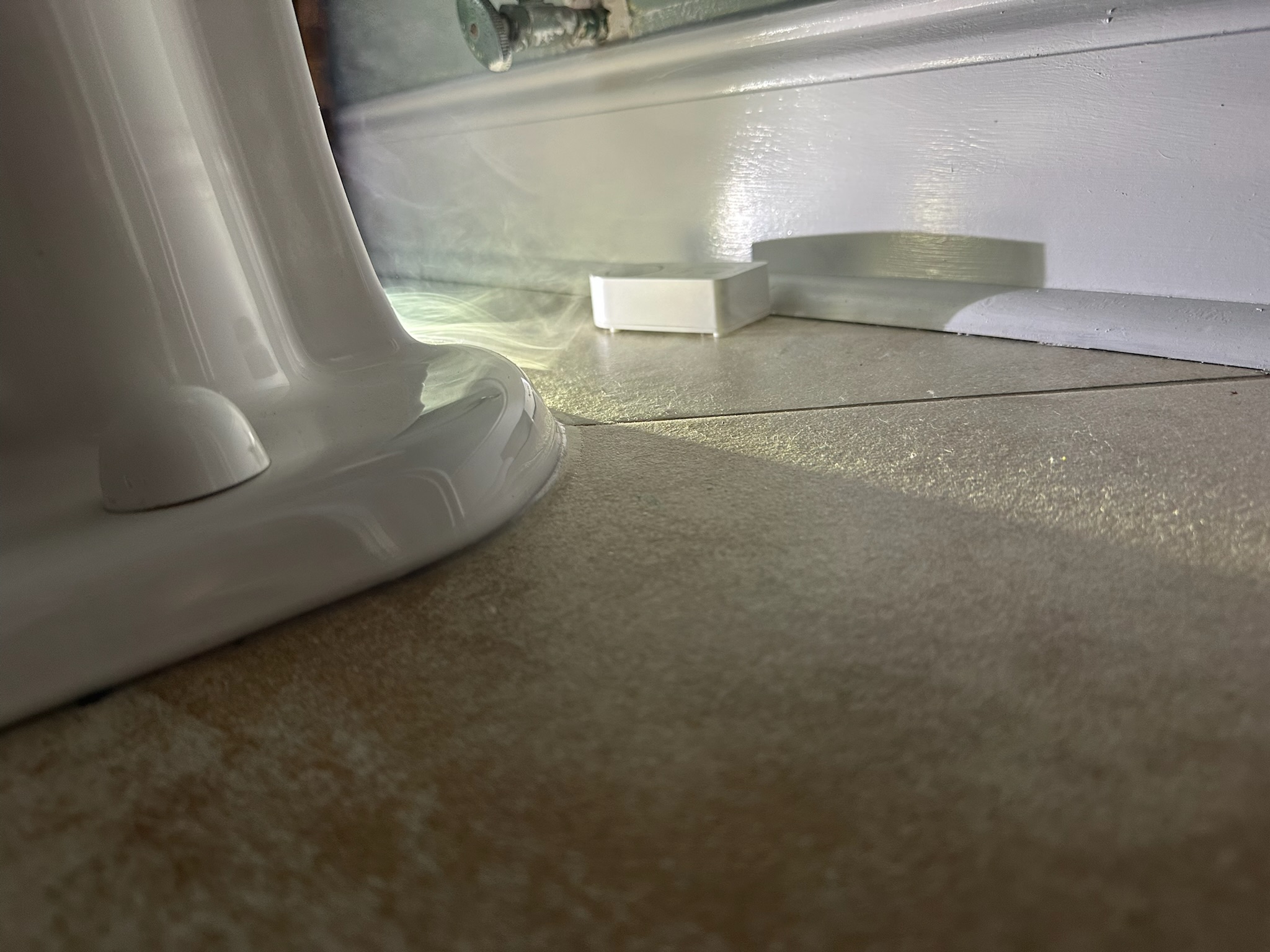 Smoke escaping from base of toilet during sewer odor test in Clearwater home.