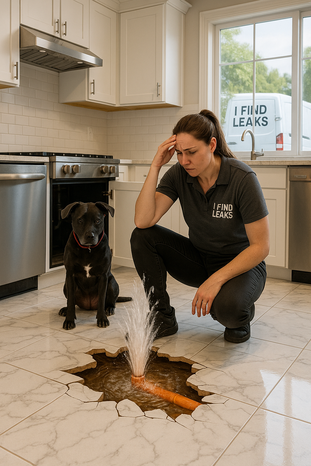 Frustrated woman and dog next to gushing slab leak under marble tile in new Florida kitchen with I Find Leaks van outside