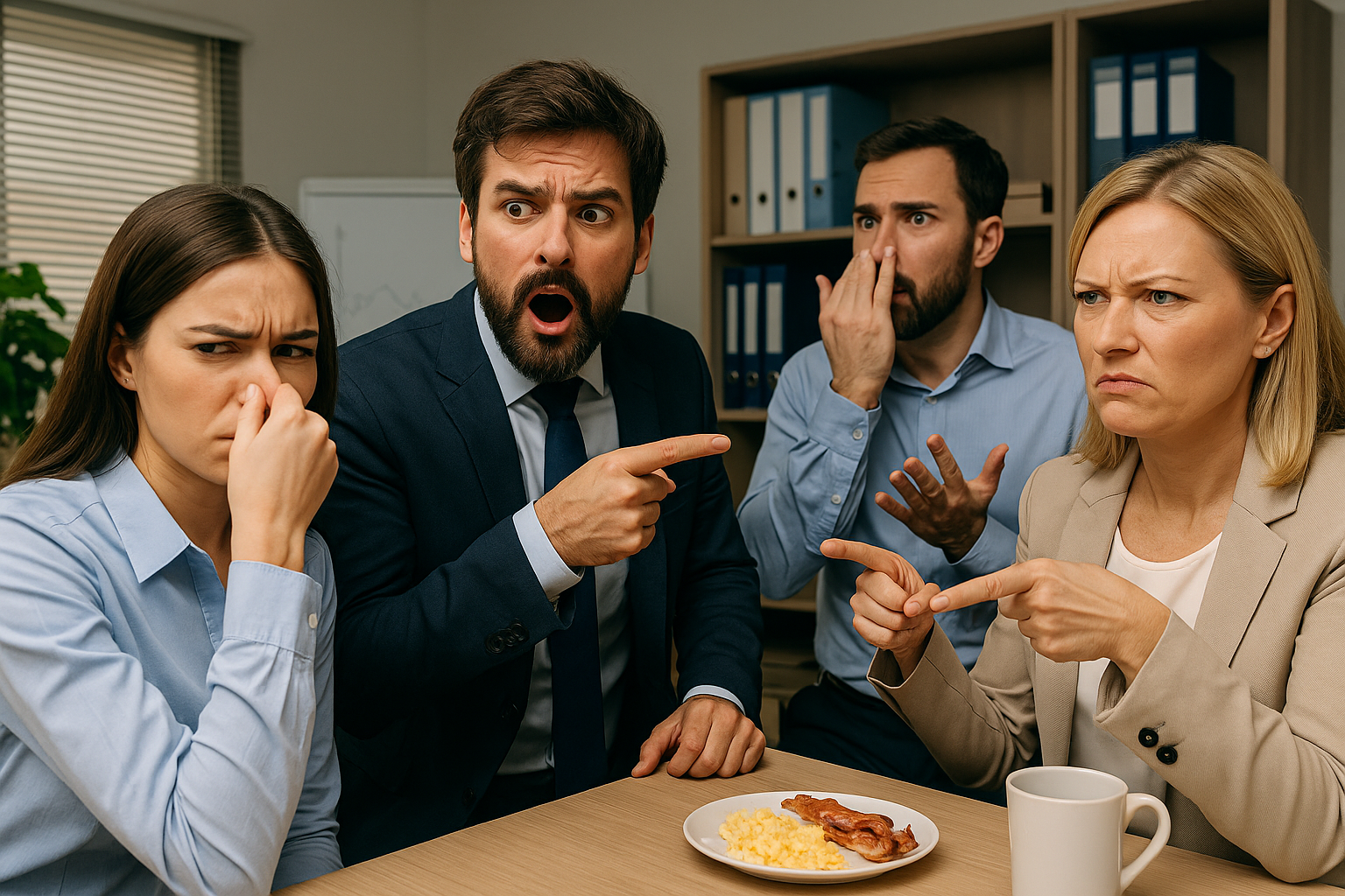 Four office coworkers in a breakroom glare at each other, reacting to a mysterious odor, with bacon and eggs on the table between them.