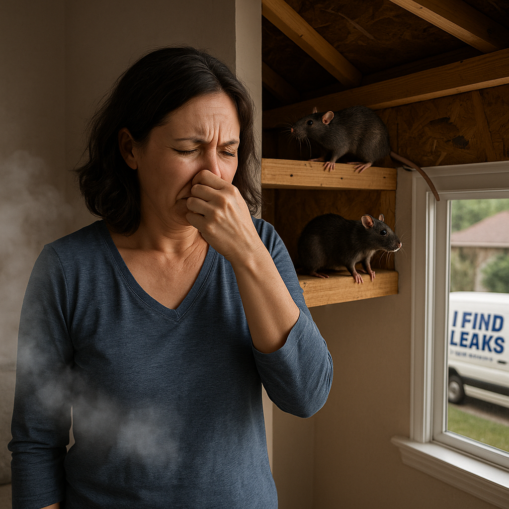 Woman covering nose inside home with visible I Find Leaks van outside and rats in attic, illustrating sewer odor and rodent infestation.