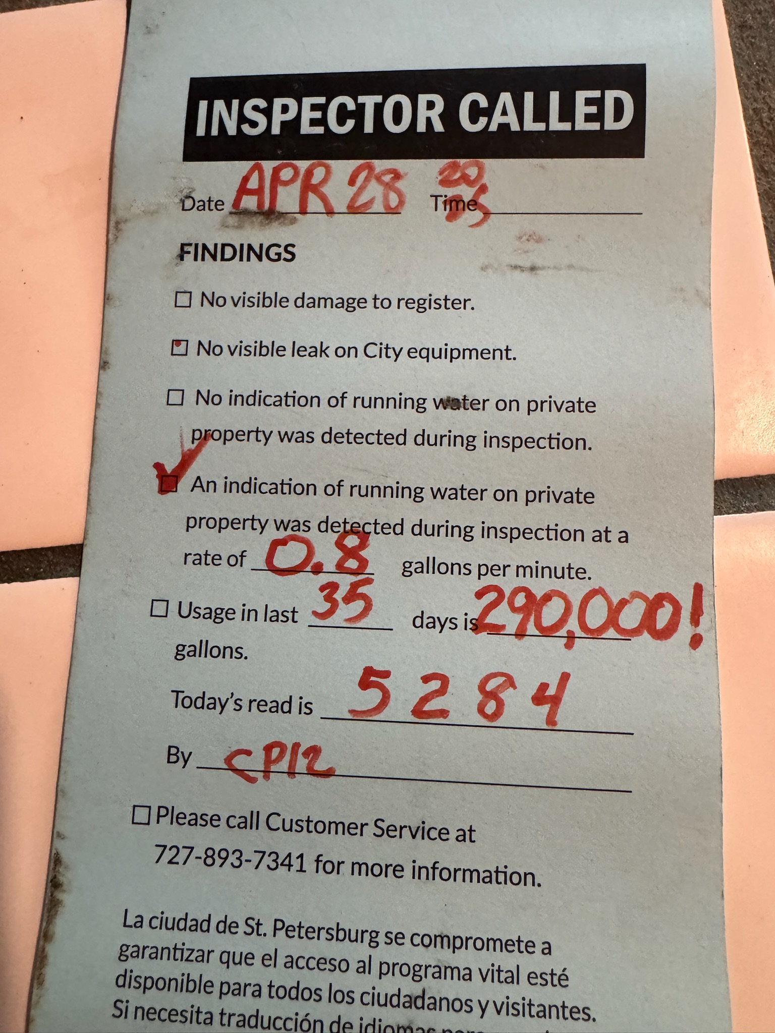 City of St. Petersburg high water bill notice for 290,000 gallons of usage