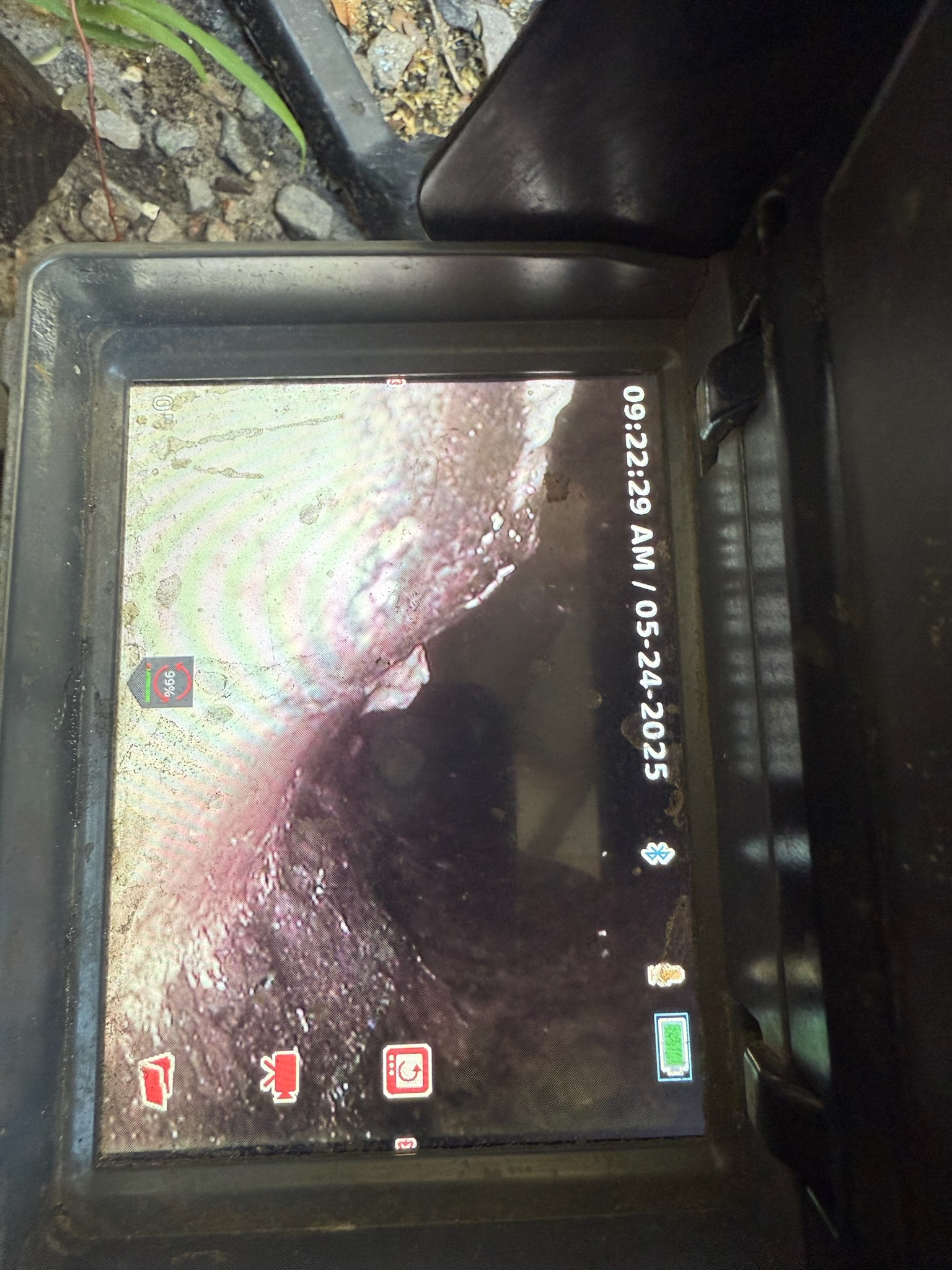 Close-up sewer camera footage showing large white buildup inside Clearwater home’s sewer pipe