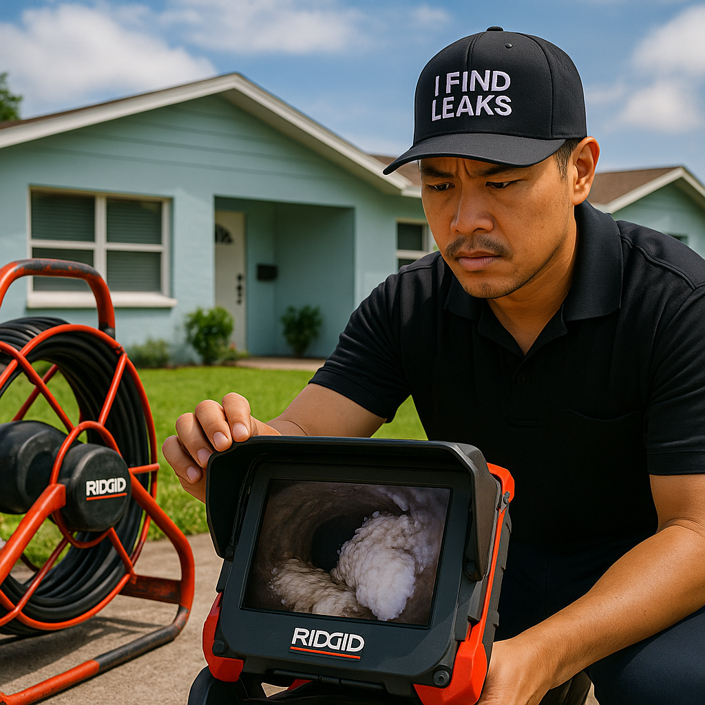 Technician Sonny from I Find Leaks inspecting a Clearwater home’s sewer line with a Ridgid camera in front of a light blue house