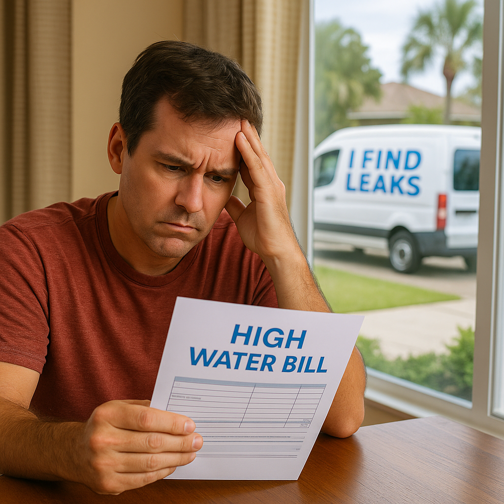 Frustrated Tampa homeowner holding a high water bill at kitchen table with I Find Leaks van visible through window