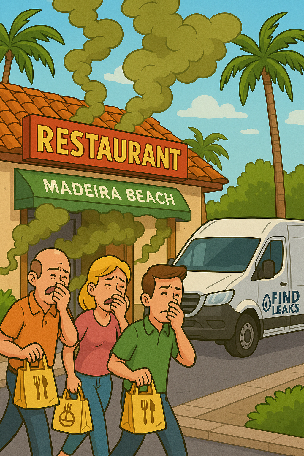 Customers leave a Madeira Beach restaurant holding their noses as sewer smoke pours out, with an I Find Leaks van arriving outside