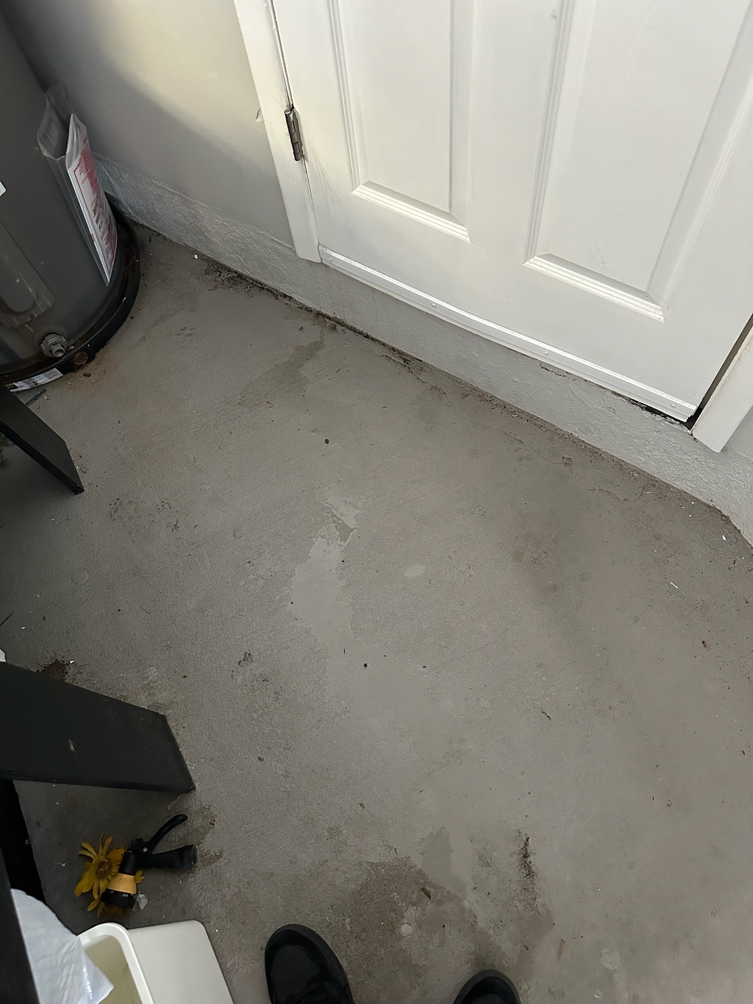 Tyler arrives on-site and finds water pooling at the base of a doorway, spilling into the garage from underneath the threshold.