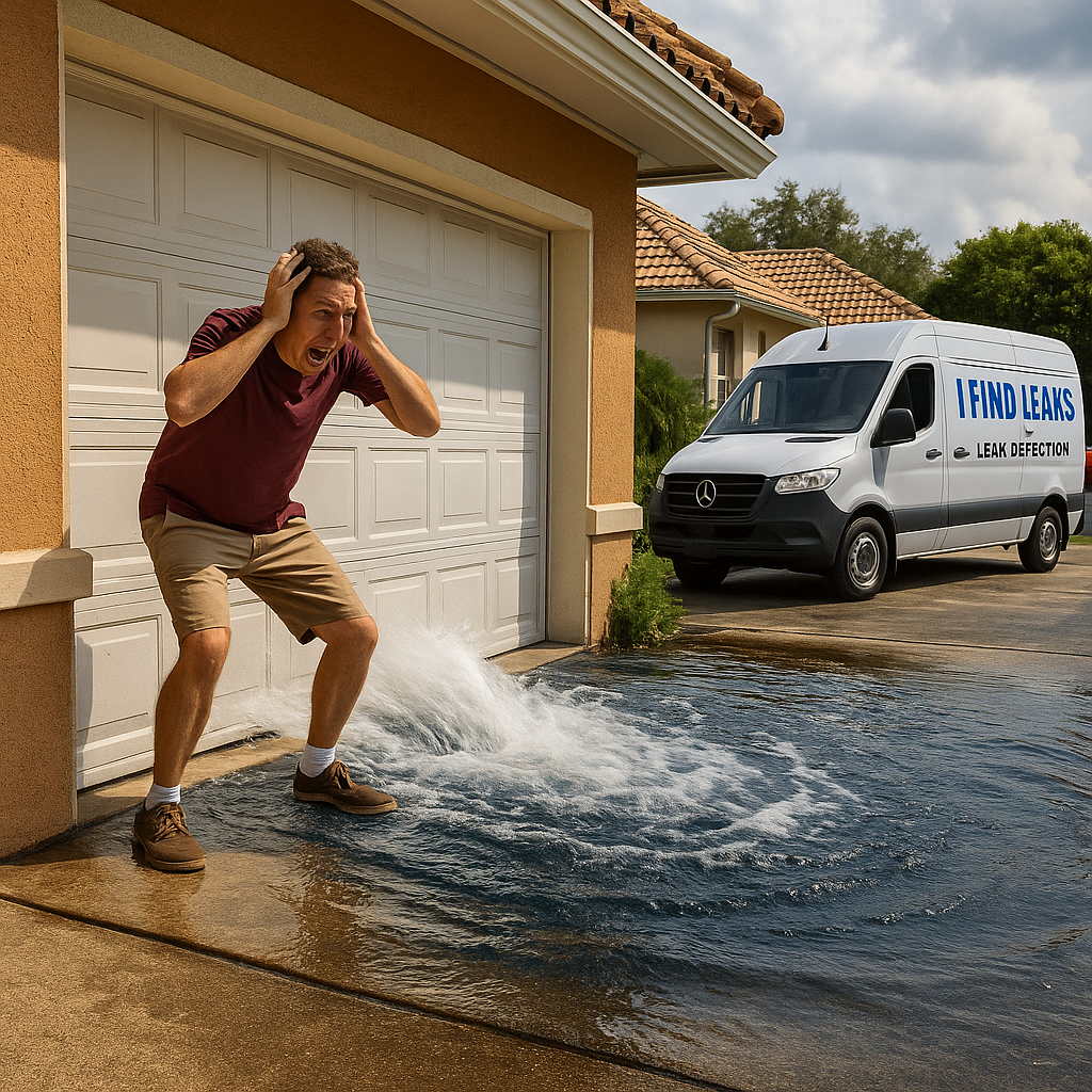 Water pours from beneath a Palm Harbor garage door as a frantic homeowner reacts and an I Find Leaks van arrives to help.