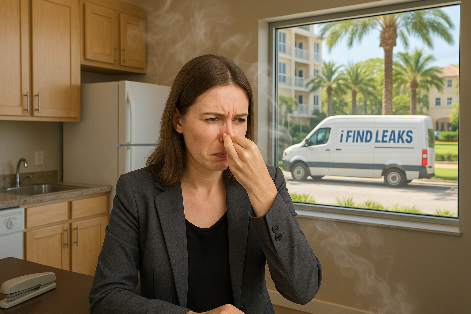 Receptionist pinching her nose in a St. Petersburg resort kitchen due to sewer odor, with an I Find Leaks van visible through the window.