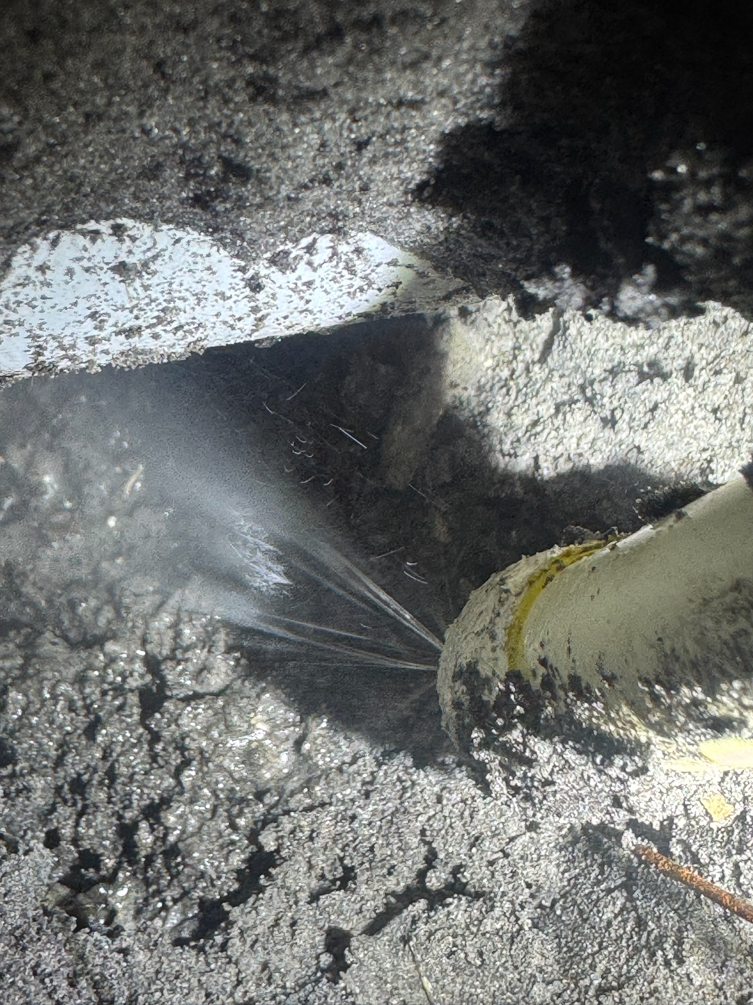 Water spraying from pipe under concrete slab near footer, active slab leak