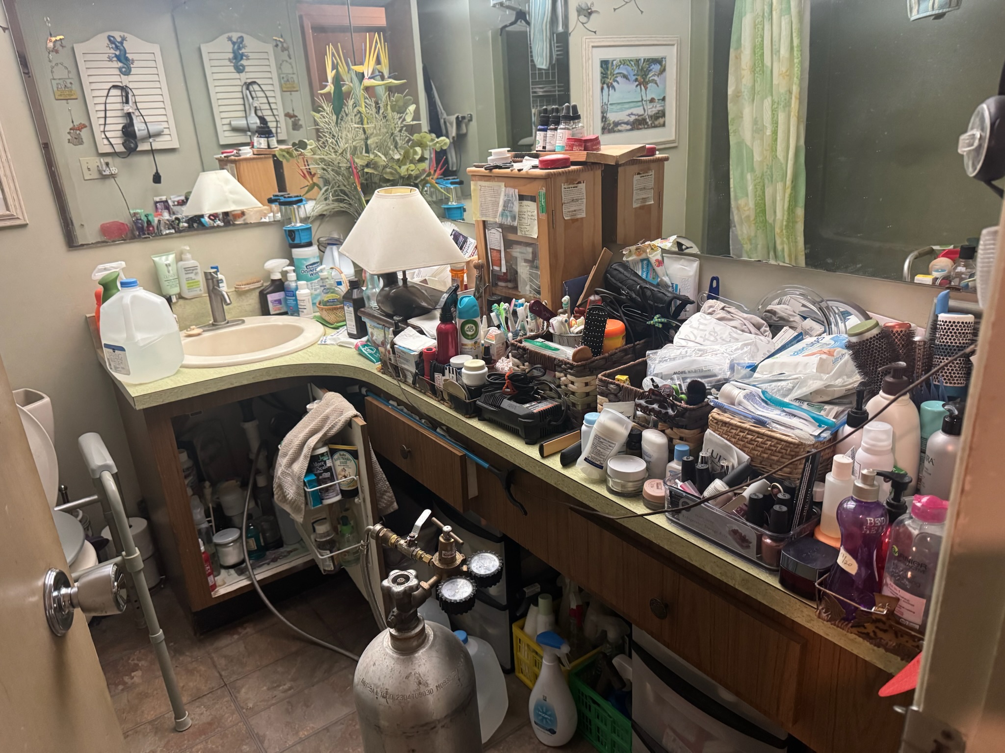 Cluttered Clearwater bathroom sink covered in toiletries during water leak detection