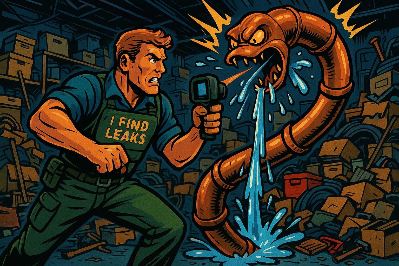 Comic-style Jeremy using an IR camera to battle a copper pipe monster in a cluttered Clearwater garage