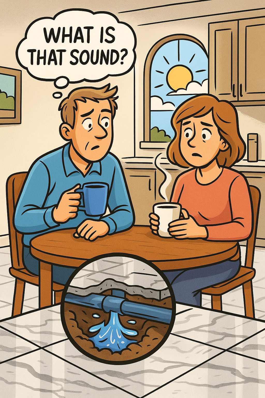 Cartoon couple in Clearwater kitchen hearing strange water sound with slab leak under marble tile