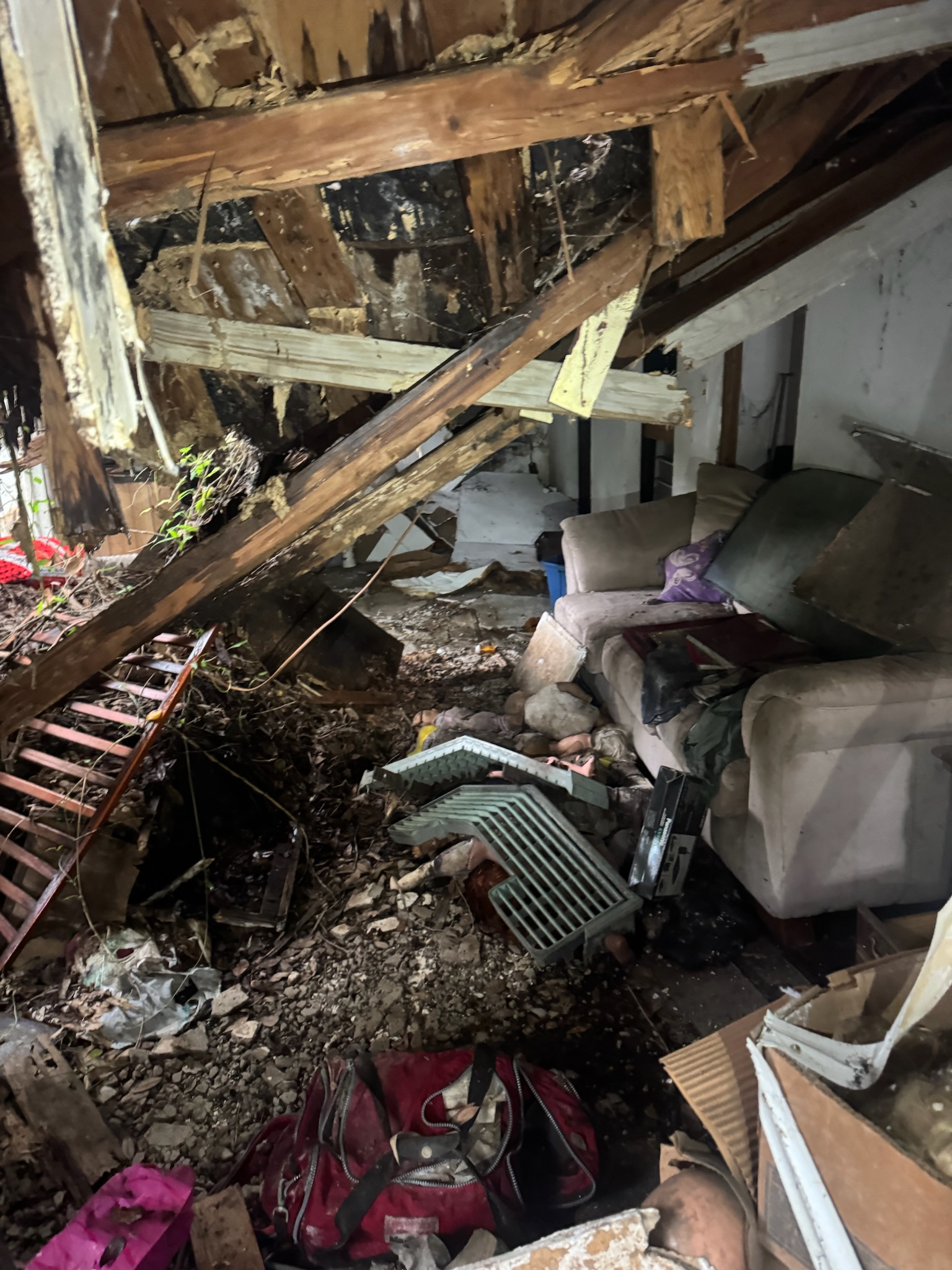 Collapsed roof inside abandoned structure