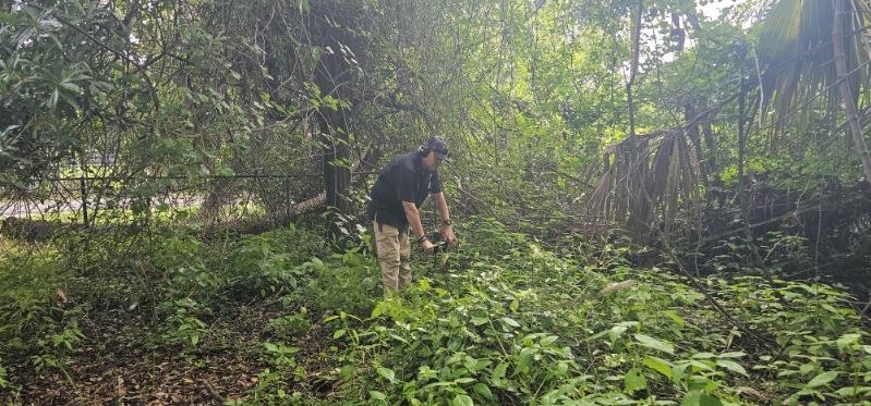 Jeremy probing the yard before discovering the structure