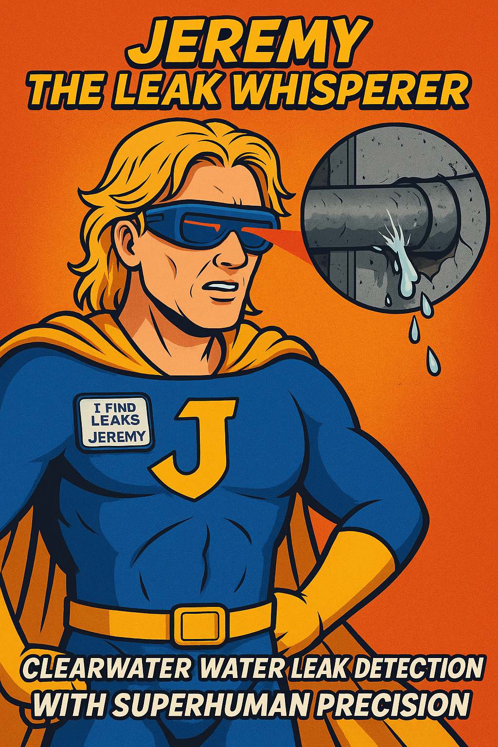 Cartoon superhero Jeremy using X-ray vision to spot a leaking pipe through a concrete wall