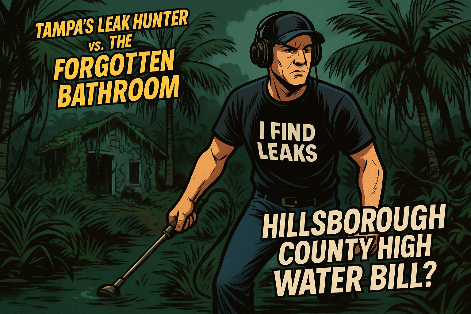Jeremy from I Find Leaks stands in a Tampa jungle yard, facing a collapsed bathroom, ready to find the leak