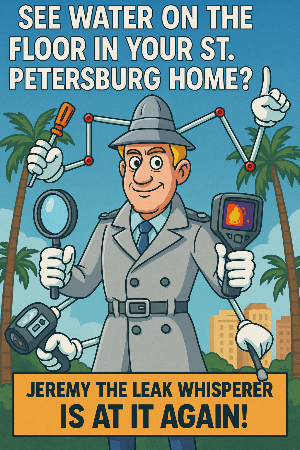 Cartoon of Jeremy the Leak Whisperer in St. Petersburg with multiple robotic arms holding leak detection tools