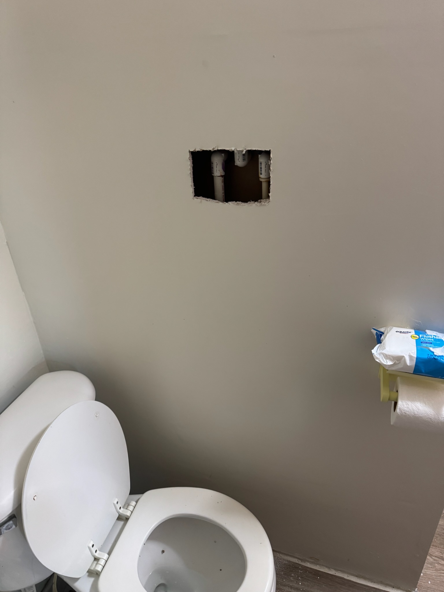 Pipes exposed directly behind drywall cut Wall cutout reveals piping behind drywall near toilet in St. Petersburg bathroom