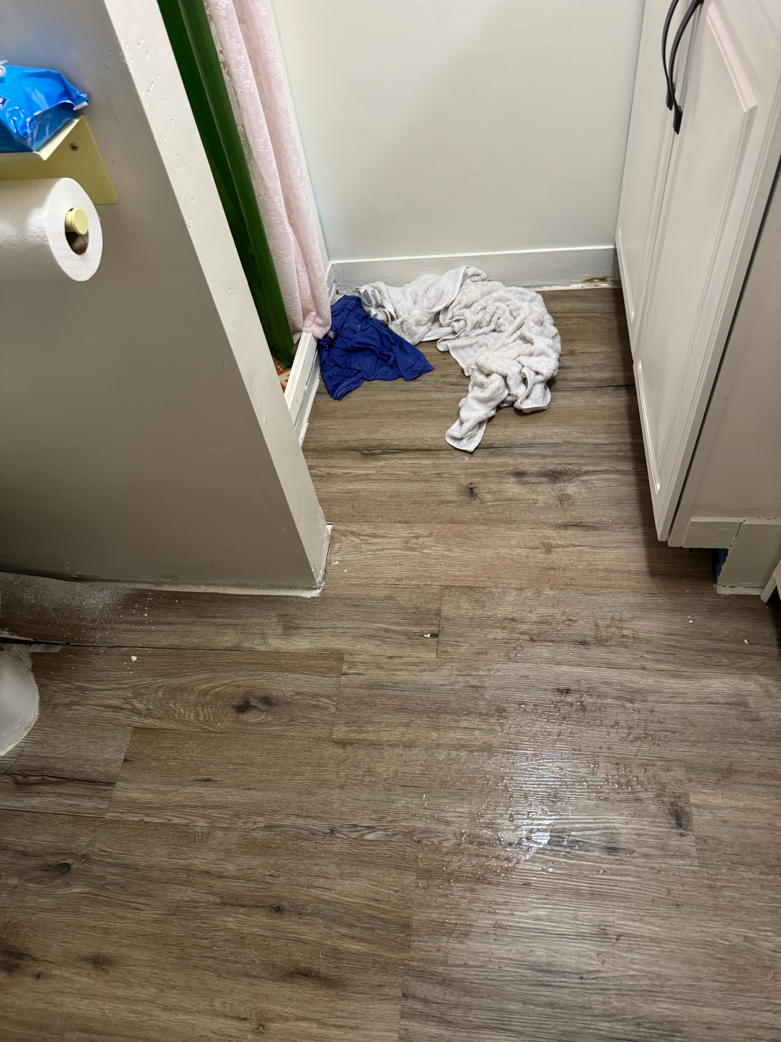 Water damage with soaked towels on bathroom floor Water on bathroom floor in St. Petersburg home with soaked towels between shower and vanity