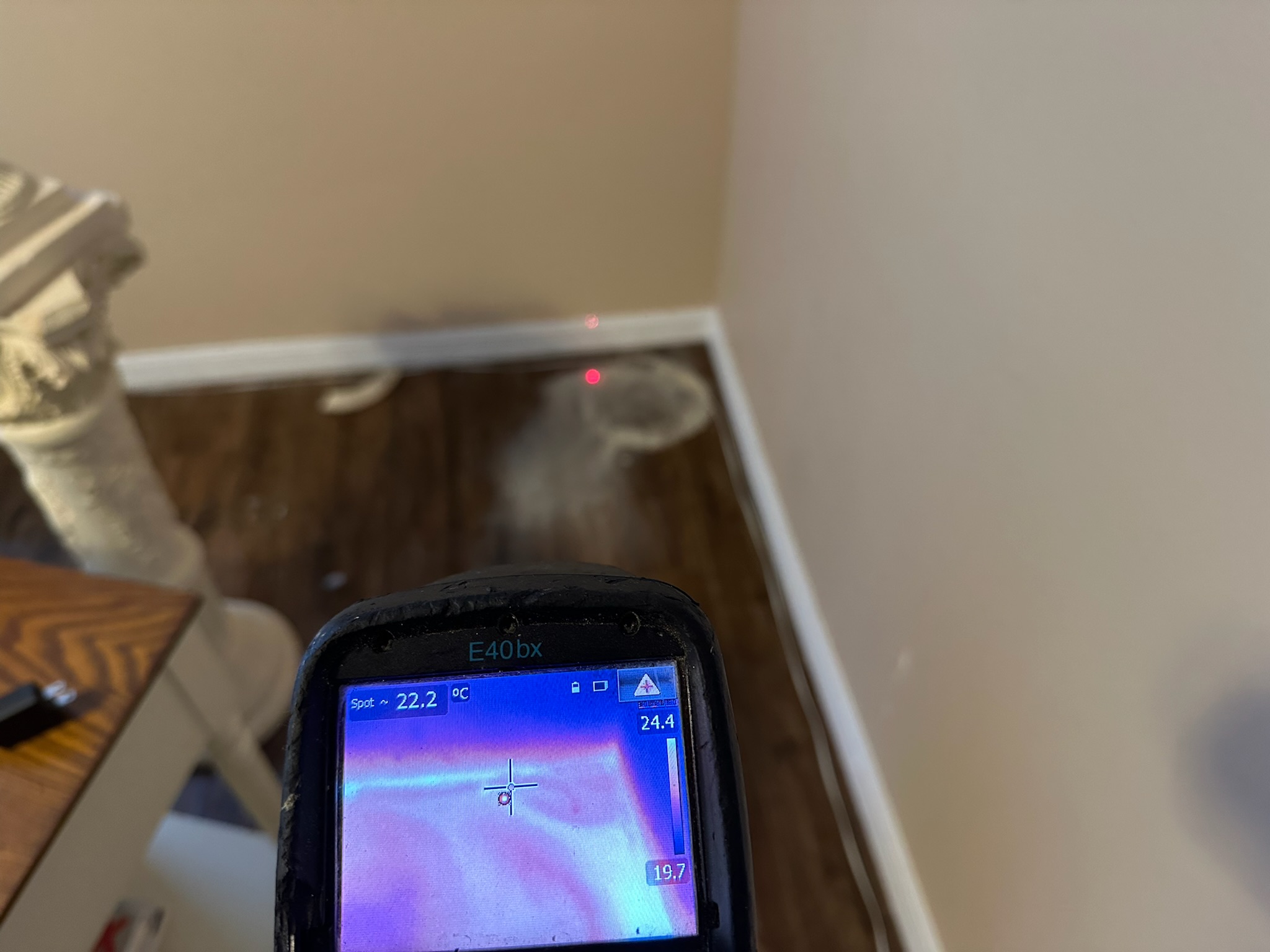 Infrared camera shows possible hot water leak beneath wood floor in Northeast St. Petersburg home