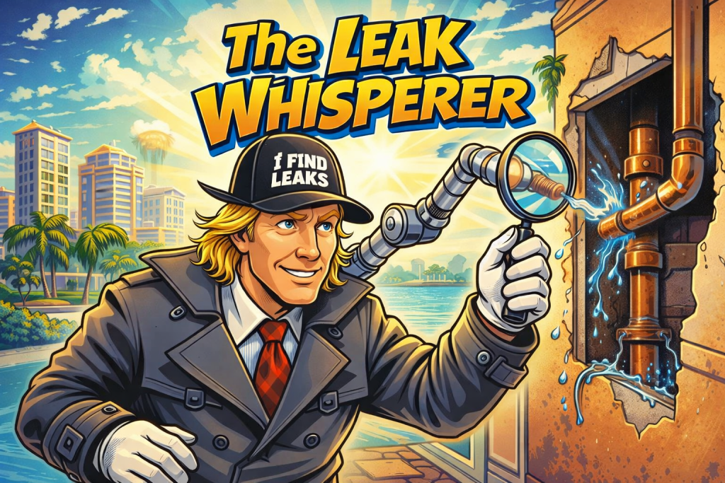 Illustrated Inspector Gadget–style leak detection character called The Leak Whisperer finding a hidden water leak in Northeast St. Petersburg