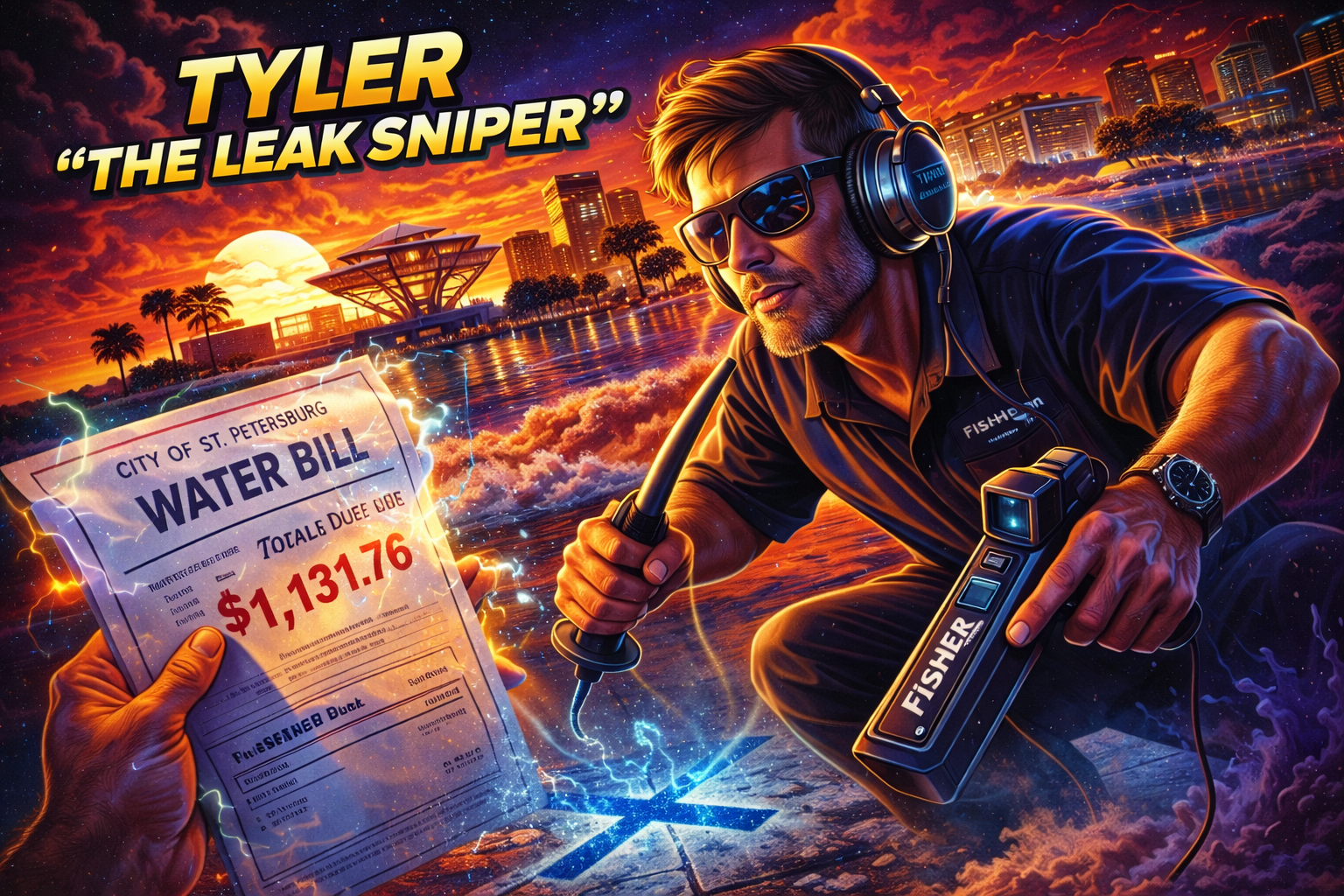 80s cartoon illustration of Tyler “The Leak Sniper” locating a slab leak tied to a high water bill in St. Petersburg