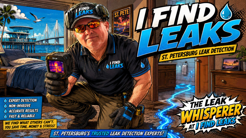 Cartoon-style image of Jeremy, The Leak Whisperer at I Find Leaks, using a FLIR camera for St. Petersburg leak detection