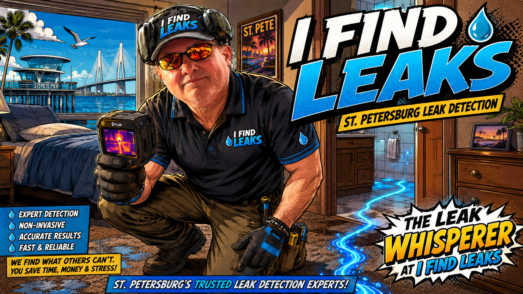 Cartoon-style image of Jeremy, The Leak Whisperer at I Find Leaks, using a FLIR camera for St. Petersburg leak detection