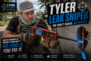 Tyler the Leak Sniper using ultrasonic leak detection equipment to find a hidden wall leak in Largo Florida