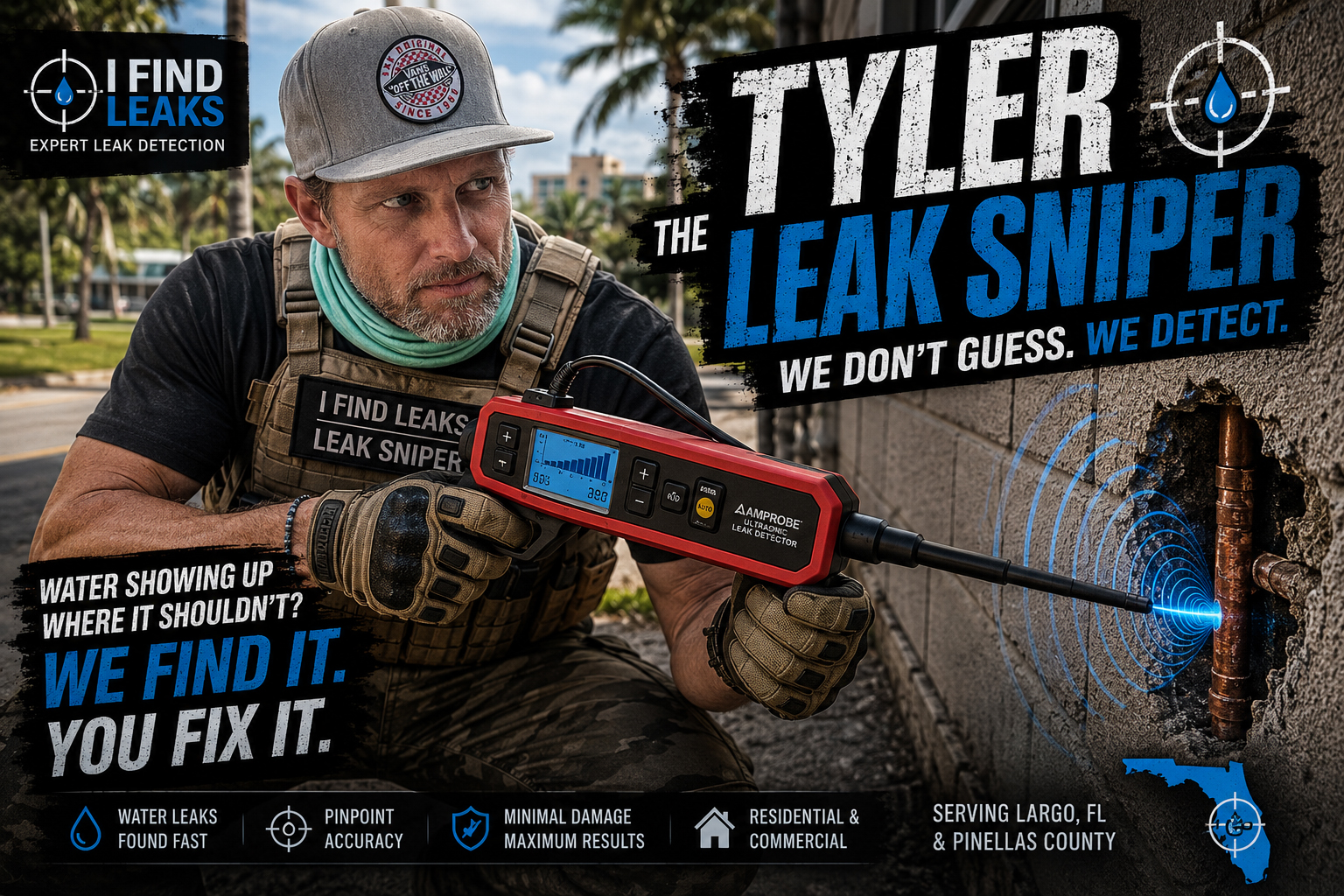 Tyler the Leak Sniper using ultrasonic leak detection equipment to find a hidden wall leak in Largo Florida