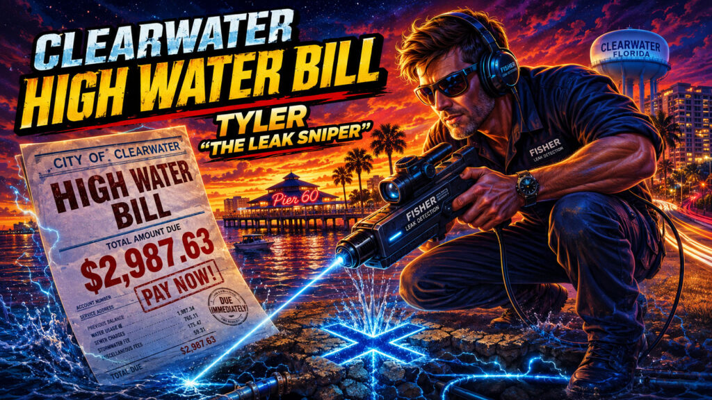 80s cartoon illustration of Tyler “The Leak Sniper” using Fisher leak detection equipment to find a Clearwater high water bill slab leak
