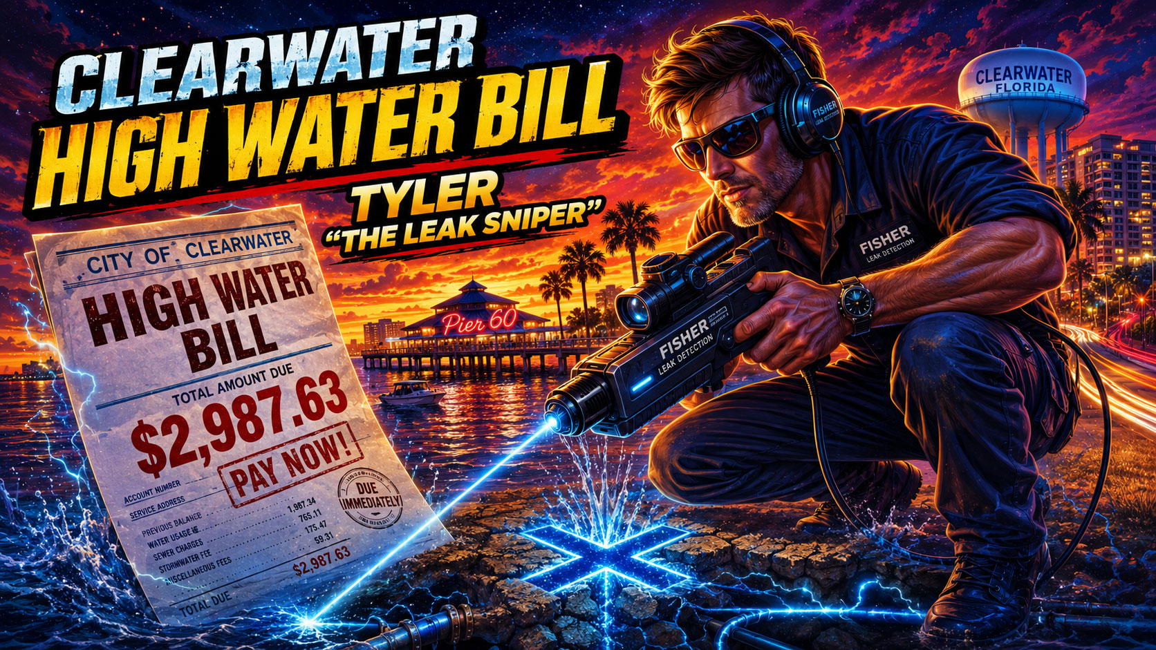 80s cartoon illustration of Tyler “The Leak Sniper” using Fisher leak detection equipment to find a Clearwater high water bill slab leak