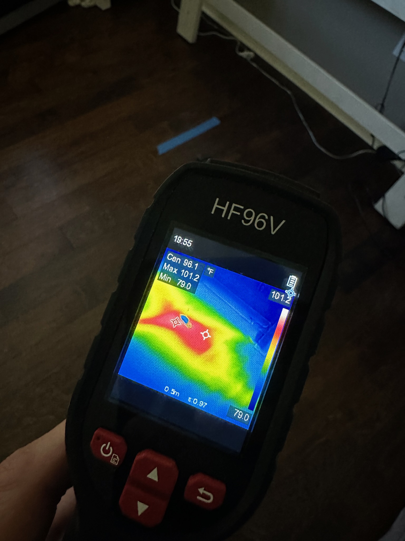 Oldsmar Water Leak Detection - Infrared Camera Moisture Signature Infrared camera showing a moisture signature under a bedroom wood floor during an Oldsmar water leak detection inspection.