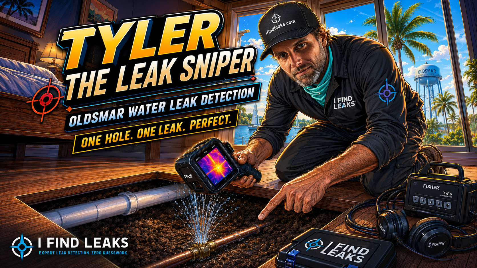 Cartoon featured image of Tyler The Leak Sniper from I Find Leaks locating a hidden copper pipe leak under a bedroom floor in Oldsmar, Florida.