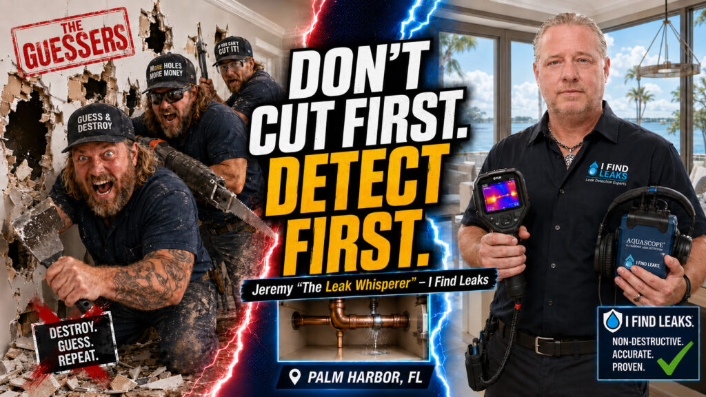 eatured image for Palm Harbor water leak detection showing Jeremy The Leak Whisperer from I Find Leaks and the message don’t cut first detect first.