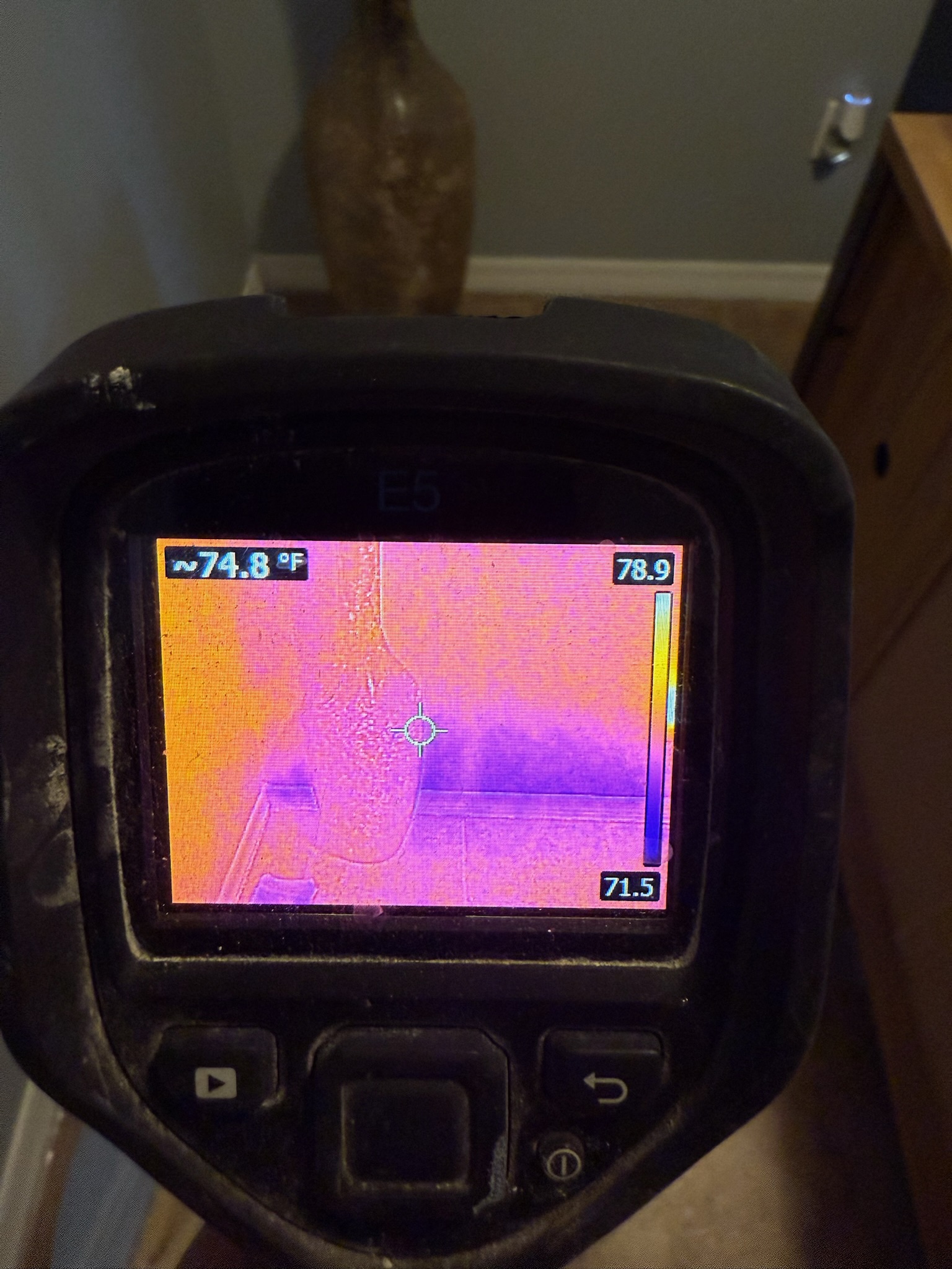 Palm Harbor water leak detection photo showing a FLIR infrared wall survey in a dining room with prior wall openings.